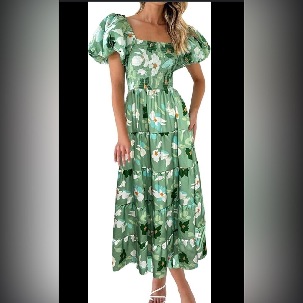 DELI S Puffy Short Sleeve Square Neck Smocked Tiered Ruffle Midi Dress SIZE 8